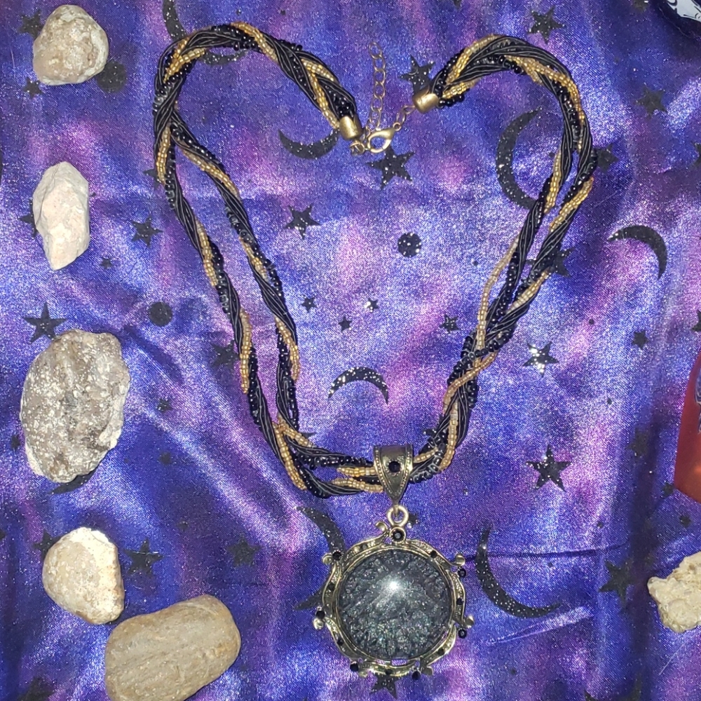 Custom Black Stone with Rhinestones + Beaded Chain